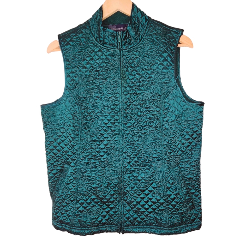 Susan Graver Quilted Vest Size M Green Full Zip Paisley Embroidery Pockets